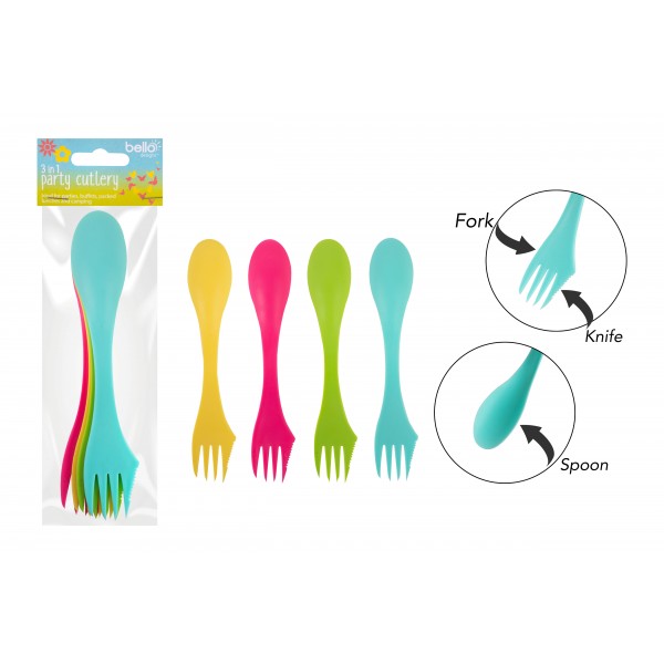 3 IN 1 PARTY CUTLERY 4 PACK 4 ASSORTED COLOURS