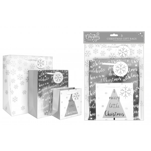 SILVER GIFT BAGS 3 PACK 3 ASSORTED DESIGNS 