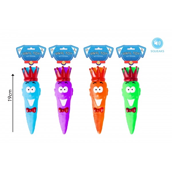 VINYL CARROT KING DOG TOY 4 ASSORTED COLOURS