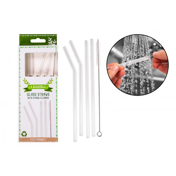 RSW Reusable Glass Straws & Straw Cleaner 4 Pack