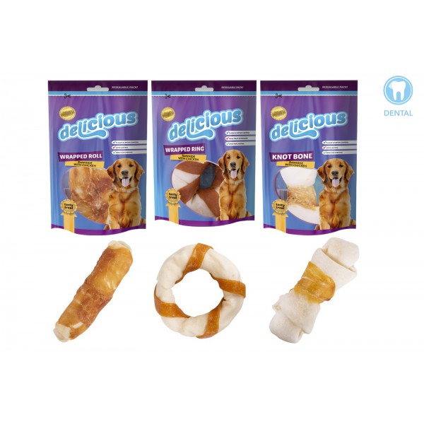 World of pets RAWHIDE CHICKEN DOG TREAT 50G 3 ASSORTED SHAPES