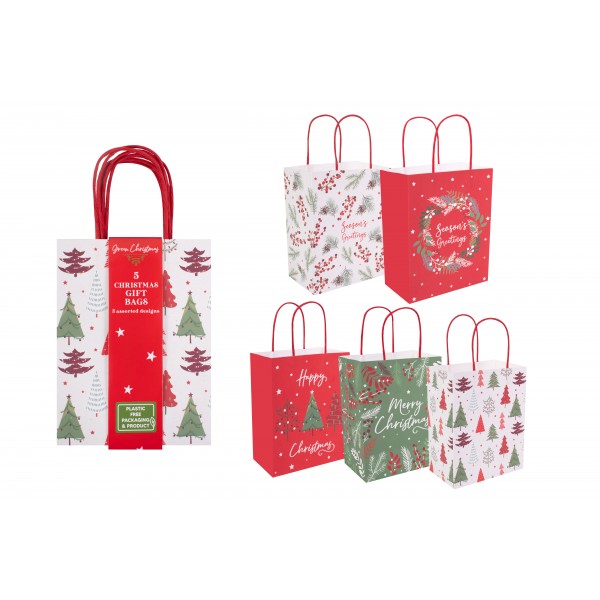 Green Christmas 5 Pack Santa & Friends Paper Gift Bags