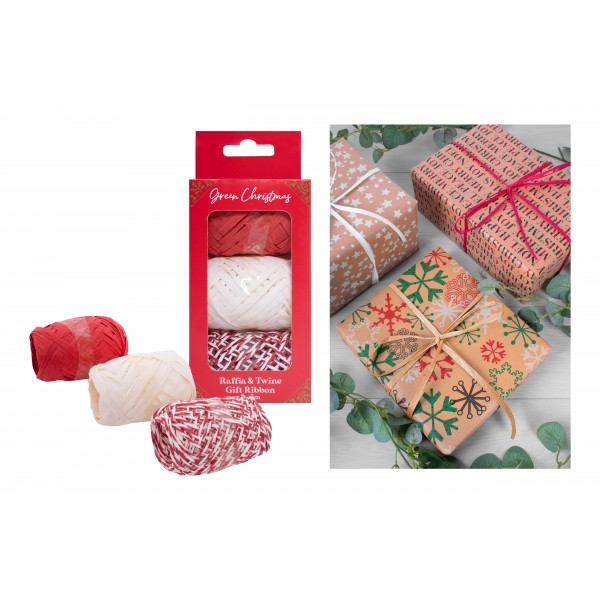 Green Christmas 3 Pack Red Raffia & Twine 3 Assorted Colours