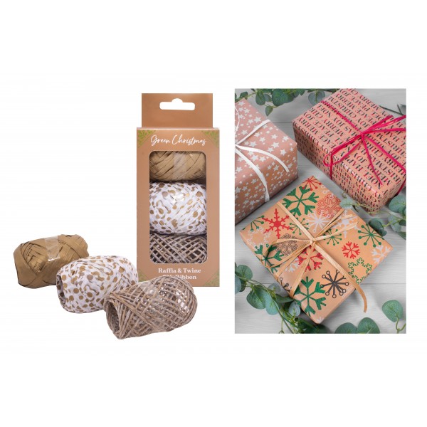 Green Christmas 3 Pack Gold Raffia & Twine 3 Assorted Colours