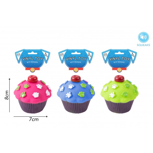 VINYL CUPCAKE DOG TOY 3 ASSORTED COLOURS