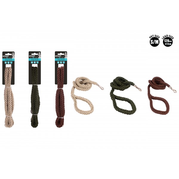 BRAIDED DOG LEAD S/M 1.2M 3 ASSORTED COLOURS