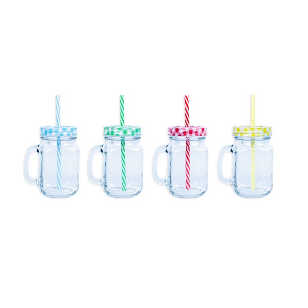 MASON JAR WITH STRAW & LID 4 ASSORTED COLOURS 