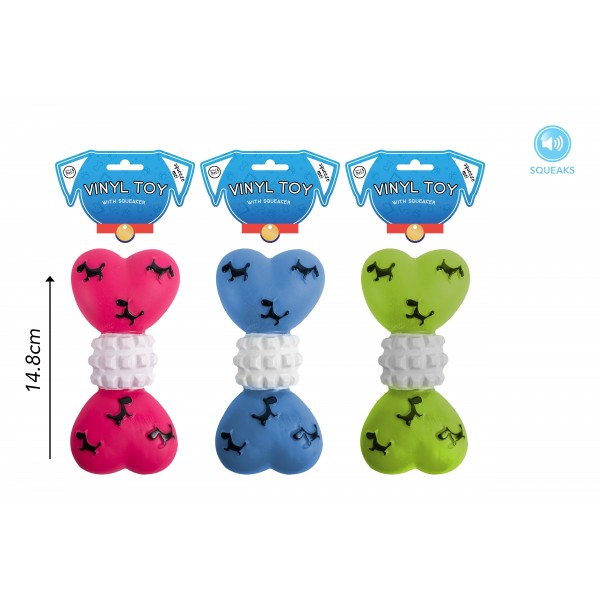 VINYL SQUEAKY BONE DOG TOY 3 ASSORTED COLOURS