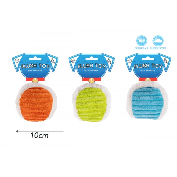 SQUEAKY PLUSH BALL DOG TOY 4 ASSORTED COLOURS