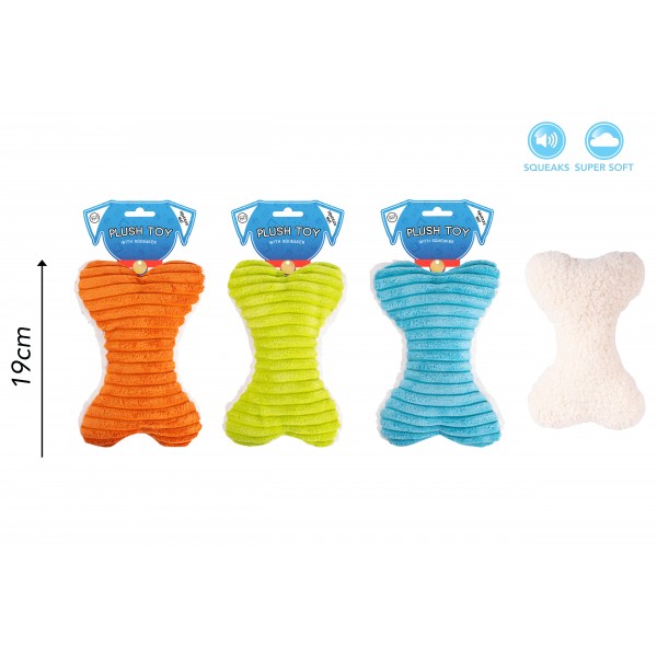 SQUEAKY PLUSH BONE DOG TOY 4 ASSORTED COLOURS