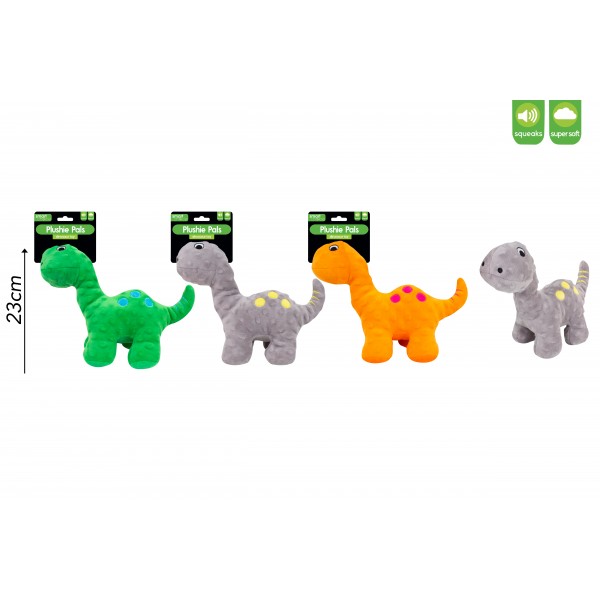 SQUEAKY PLUSH DINOSAUR DOG TOY 3 ASSORTED COLOURS