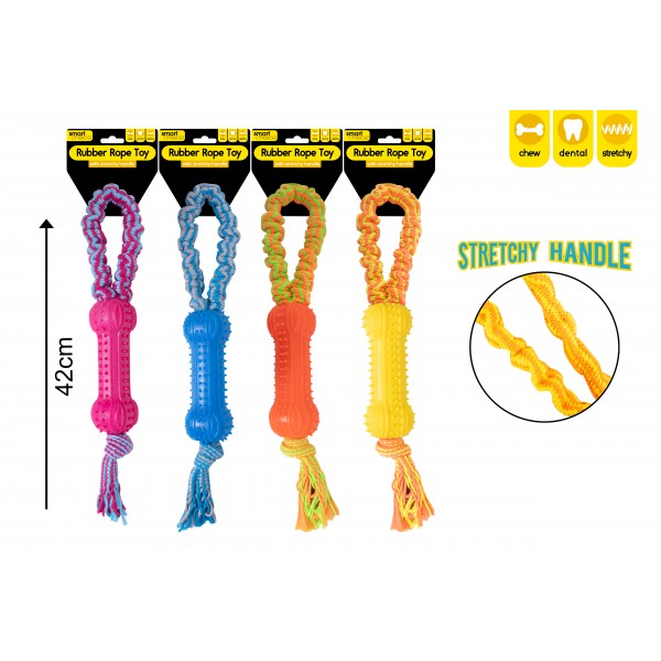 STRETCHY ROPE & RUBBER TUG DOG TOY 4 COL