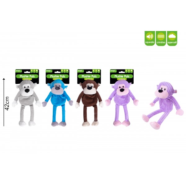 SQUEAKY PLUSH MONKEY DOG TOY 4 ASSORTED COLOURS