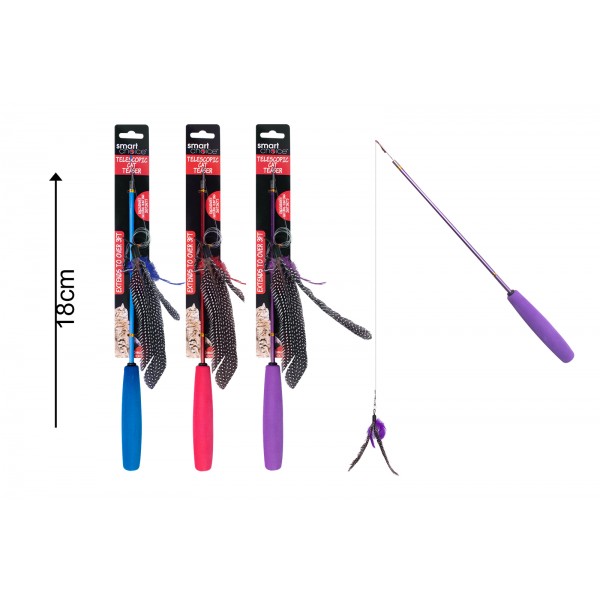 EXTENDABLE FEATHER CAT TEASER 3 ASSORTED COLOURS