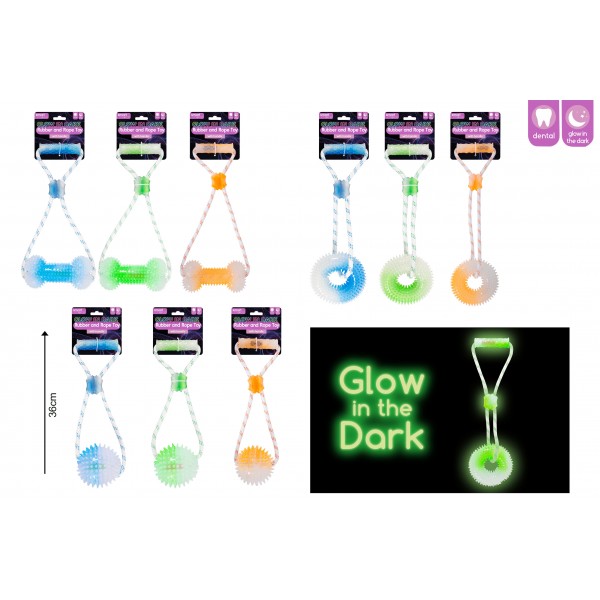 GLOW IN THE DARK TUG DOG TOY 3 ASSORTED COLOURS