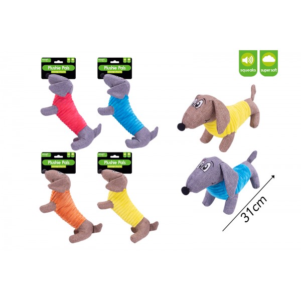 SQUEAKY PLUSH SAUSAGE DOG TOY 4 ASSORTED COLOURS