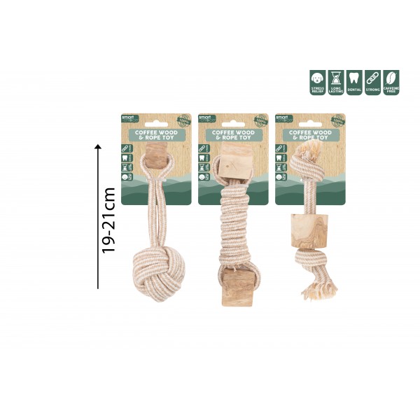Smart Choice Coffee Wood & Rope Dog Toy 3 Assorted