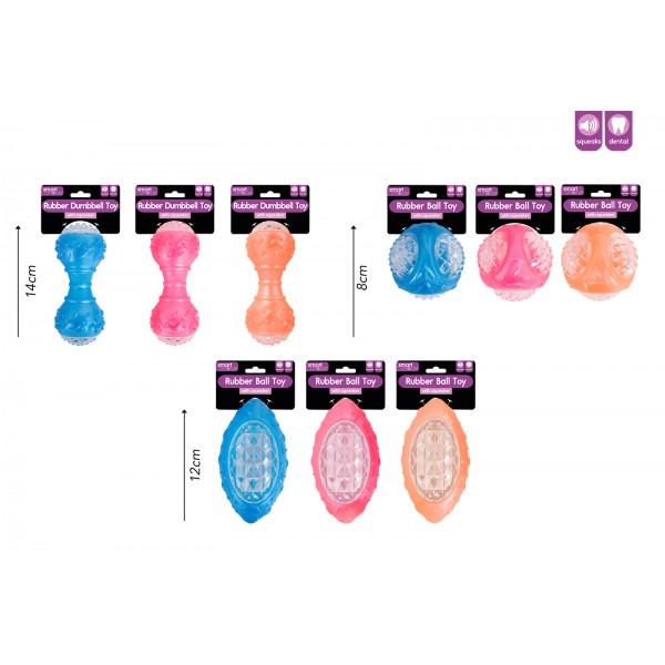 FLASHING SQUEAKY RUBBER DOG TOY 3 ASSORTED COLOURS
