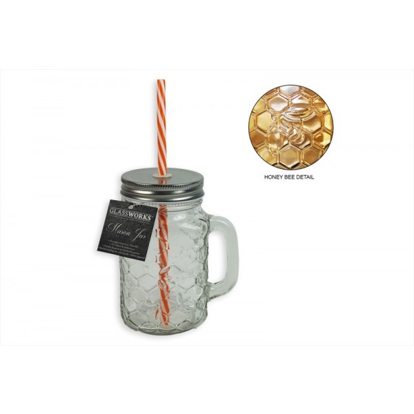 Mason Jar with Straw and Lid Beehive Design AM1673