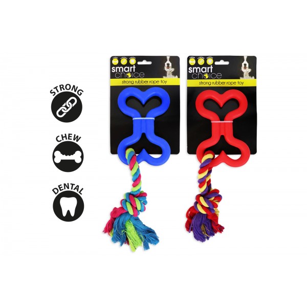 Smart Choice RUBBER BONE & ROPE TUG DOG TOY 2 ASSORTED COLOURS