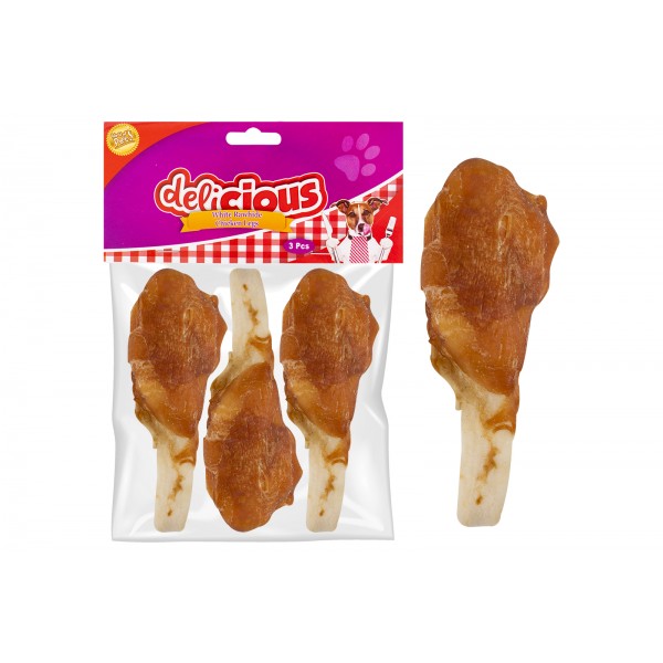 World of pets WHITE EXPANDED RAWHIDE CHICKEN LEG DOG TREAT PK3