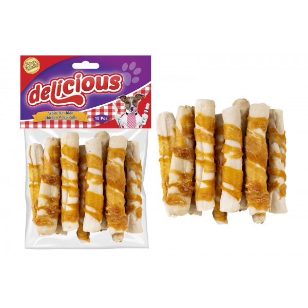World of pets PACK OF 10 RAWHIDE ROLLS WITH CHICKEN DOG TREATS