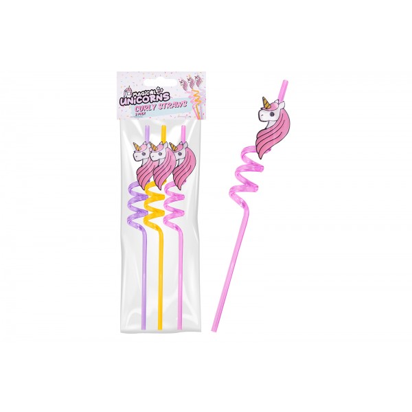 Pack of Three Assorted Unicorn Curly Straws