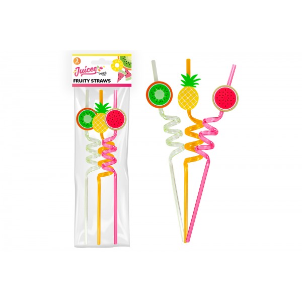 Bello CURLY FRUIT STRAWS 3 PACK 3 ASSORTED DESIGNS