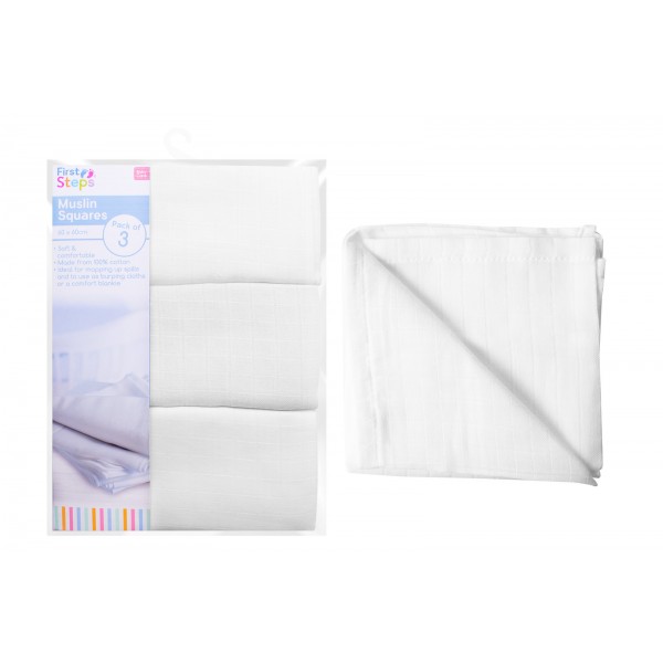 First Steps WHITE MUSLIN SQUARES 3 PACK 