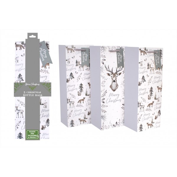 Green Christmas 3 Pack Eco Silver Woodland Bottle Gifts Bags