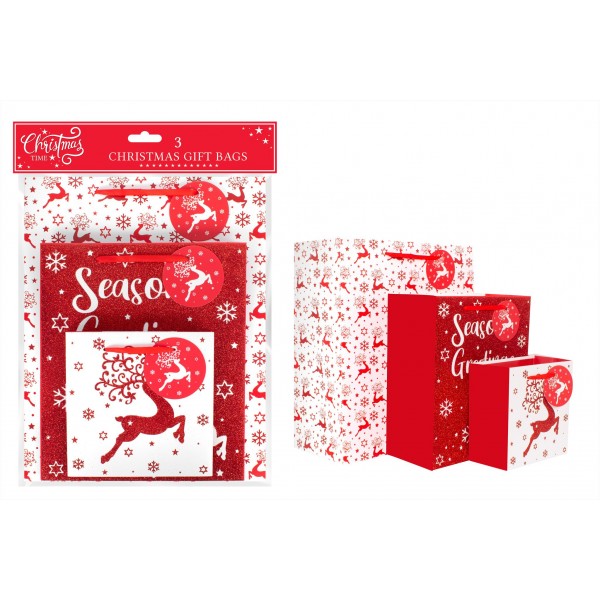 RSW Christmas 3 Pack Red Glitter Reindeer Gift Bags