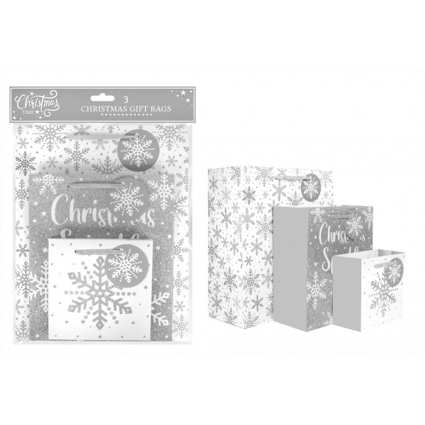 RSW Christmas 3 Pack Silver Glitter Snowflake Gift Bags