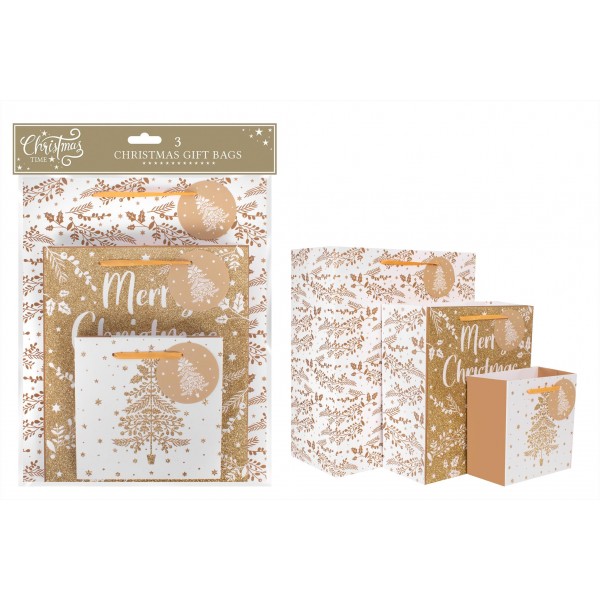 RSW Christmas 3 Pack Gold Glitter Tree Gift Bags
