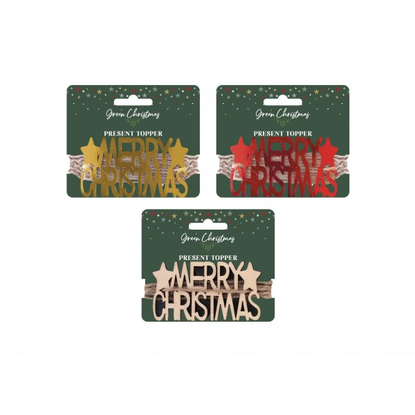 Green Christmas Present Topper Merry Christmas 3 Assorted Colours