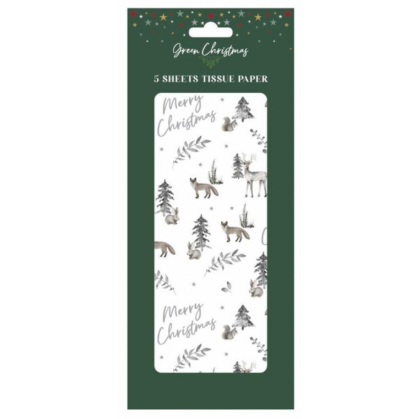 Green Christmas Tissue Paper Silver Deer 5 Sheets