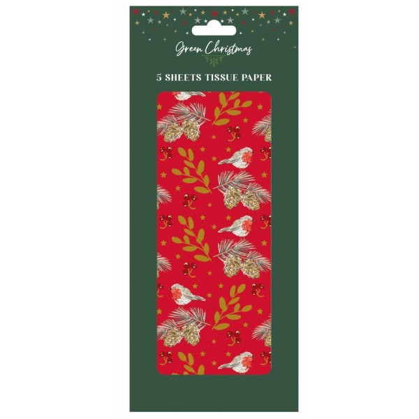 Green Christmas Tissue Paper Robin 5 Sheets