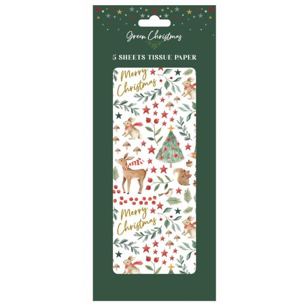 Green Christmas Tissue Paper Deer & Tree 5 Sheets
