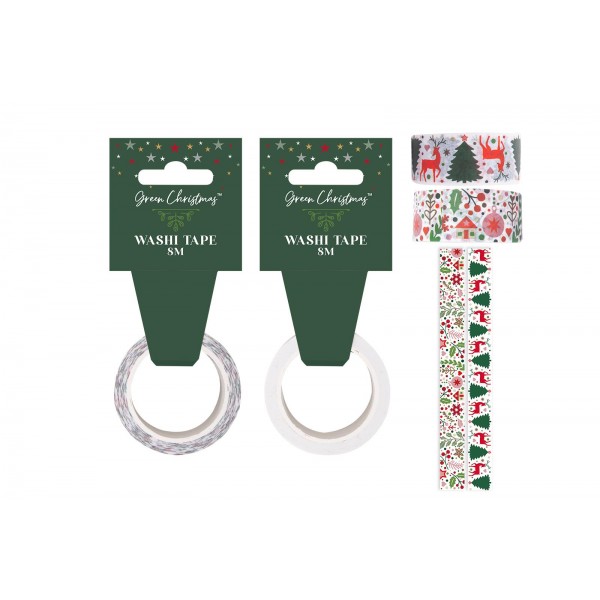 Green Christmas 8m Festive Washi Paper Tape - Pack Of 2