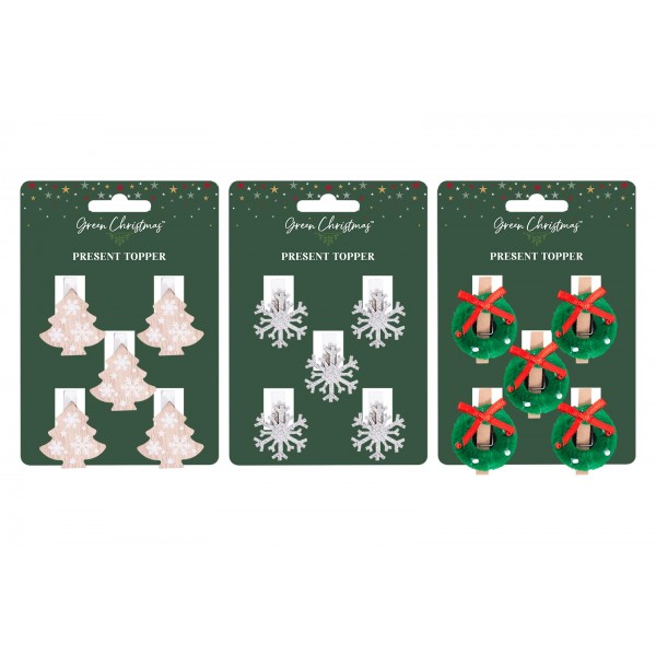 Green Christmas Present Topper Pegs 3 Assorted Designs