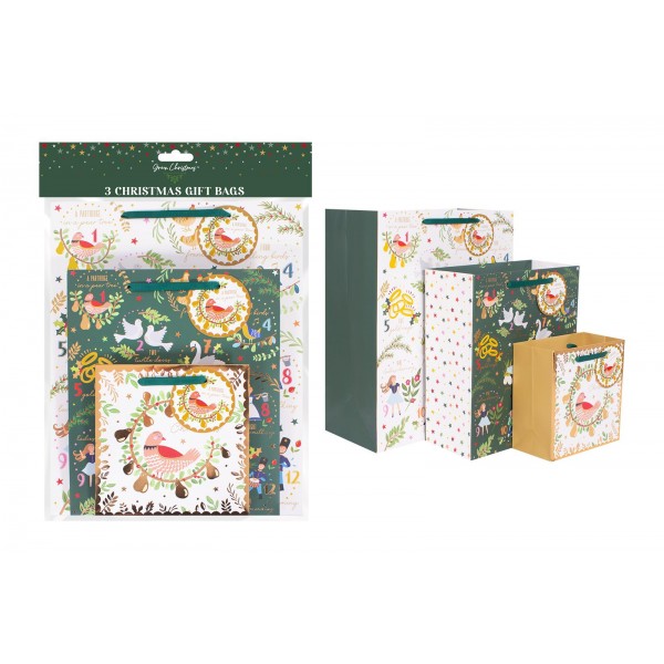 Green Christmas 12 Days Of Xmas Foil Gift Bags Pack Of 3