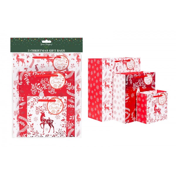 Green Christmas Red Reindeer Foil Gift Bags Pack Of 3