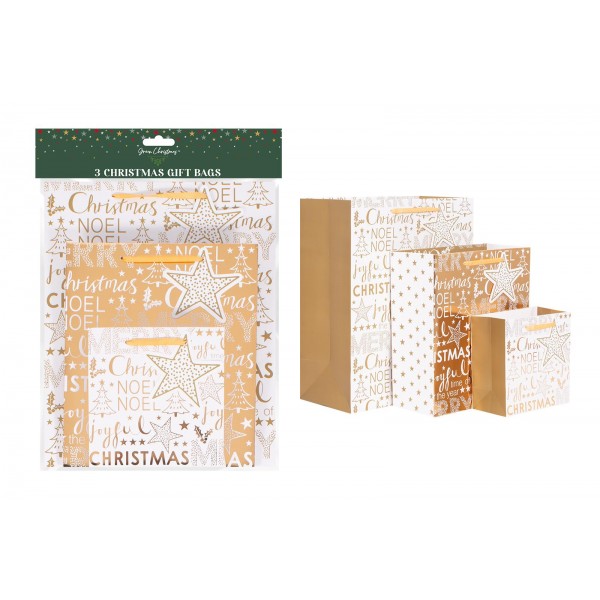Green Christmas Gold Text Foil Gift Bags Pack Of 3