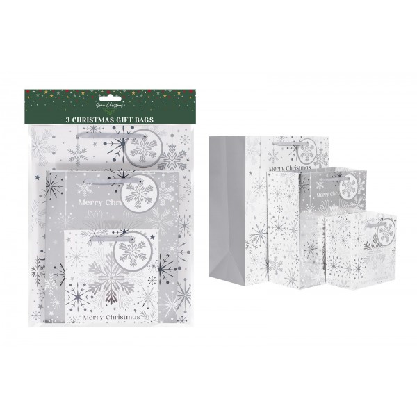 Green Christmas Silver Snowflake Foil Gift Bags Pk Of 3