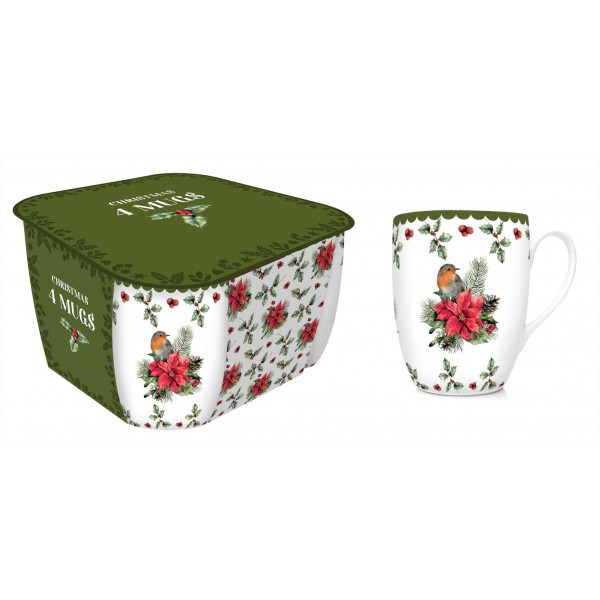 Christmas Holly Robin + Poinsettia 4 Mug Set