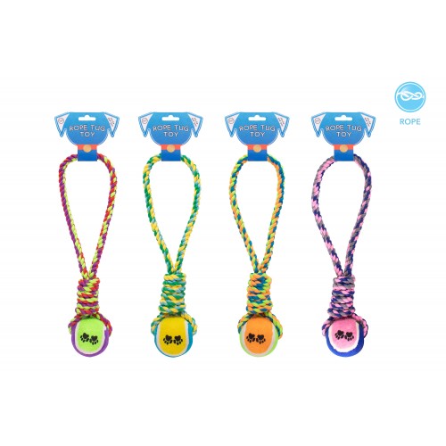 World of pets ROPE & BALL TUG DOG TOY 4 ASSORTED COLOURS