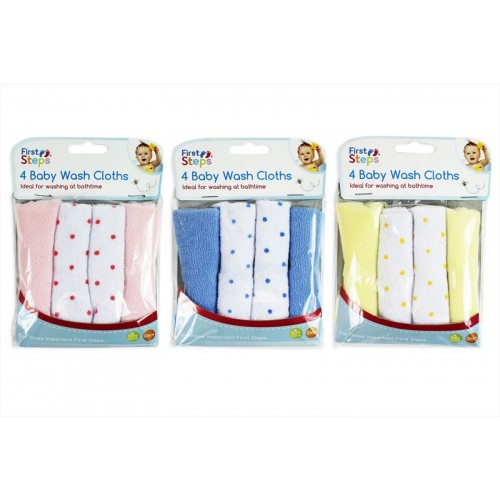 First Steps PACK OF 4 BABY WASH CLOTHS 3 ASSORTED COLOURS