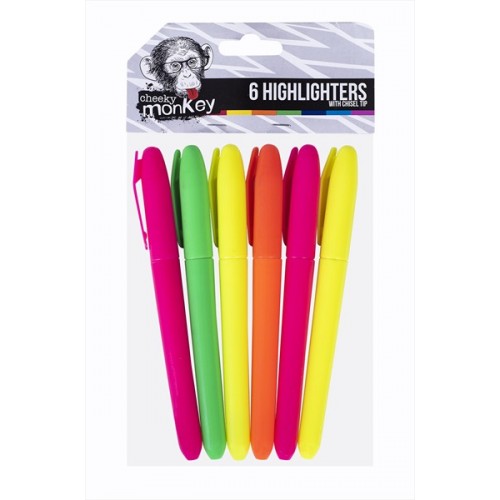 Cheeky Monkey HIGHLIGHTER PENS 6 PACK 6 ASSORTED COLOURS