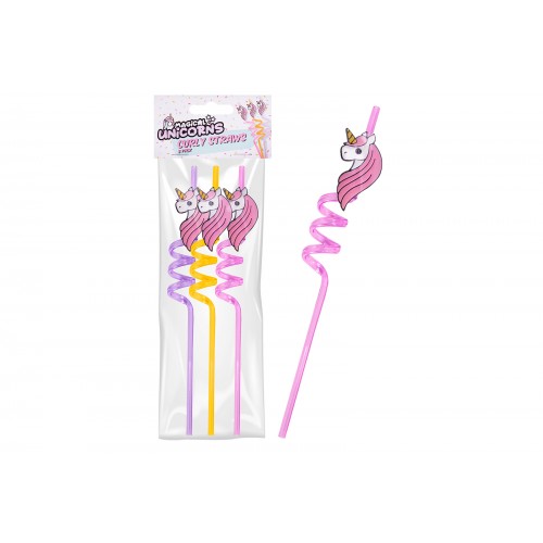 RSW UNICORN CURLY STRAWS 3 PACK 3 ASSORTED COLOURS