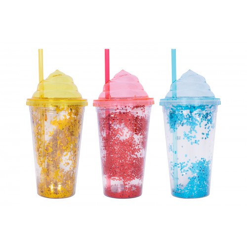 Bello GLITTER CUP WITH STRAW 450ML 3 ASSORTED COLOURS