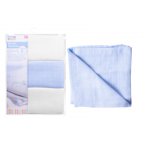 First Steps BLUE & WHITE MUSLIN SQUARES  3 PACK